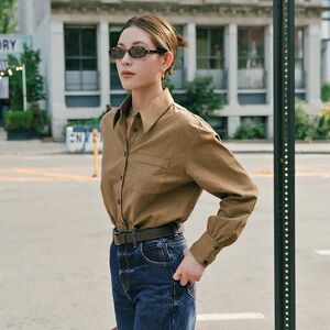 Petite Studio x Suggyl Brenda Olive Brown Relaxed Button Up Cotton Tencel Shirt